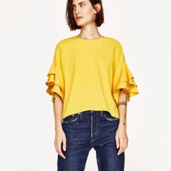 zara yellow ruffle top